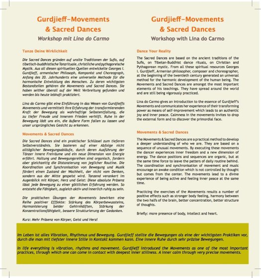 Gurdjieff-Movements & Dances Journée - Tanzfaktur Köln, SUNDAY, 1st November 2020 von 09:00 bis 16:00h. Weitere schreiben Sie an info@linadocarmo.de Gurdjieff-Movements & Dances Journée - Tanzfaktur Köln, SUNDAY, 1st November 2020 von 09:00 bis 16:00h. Weitere schreiben Sie an info@linadocarmo.de